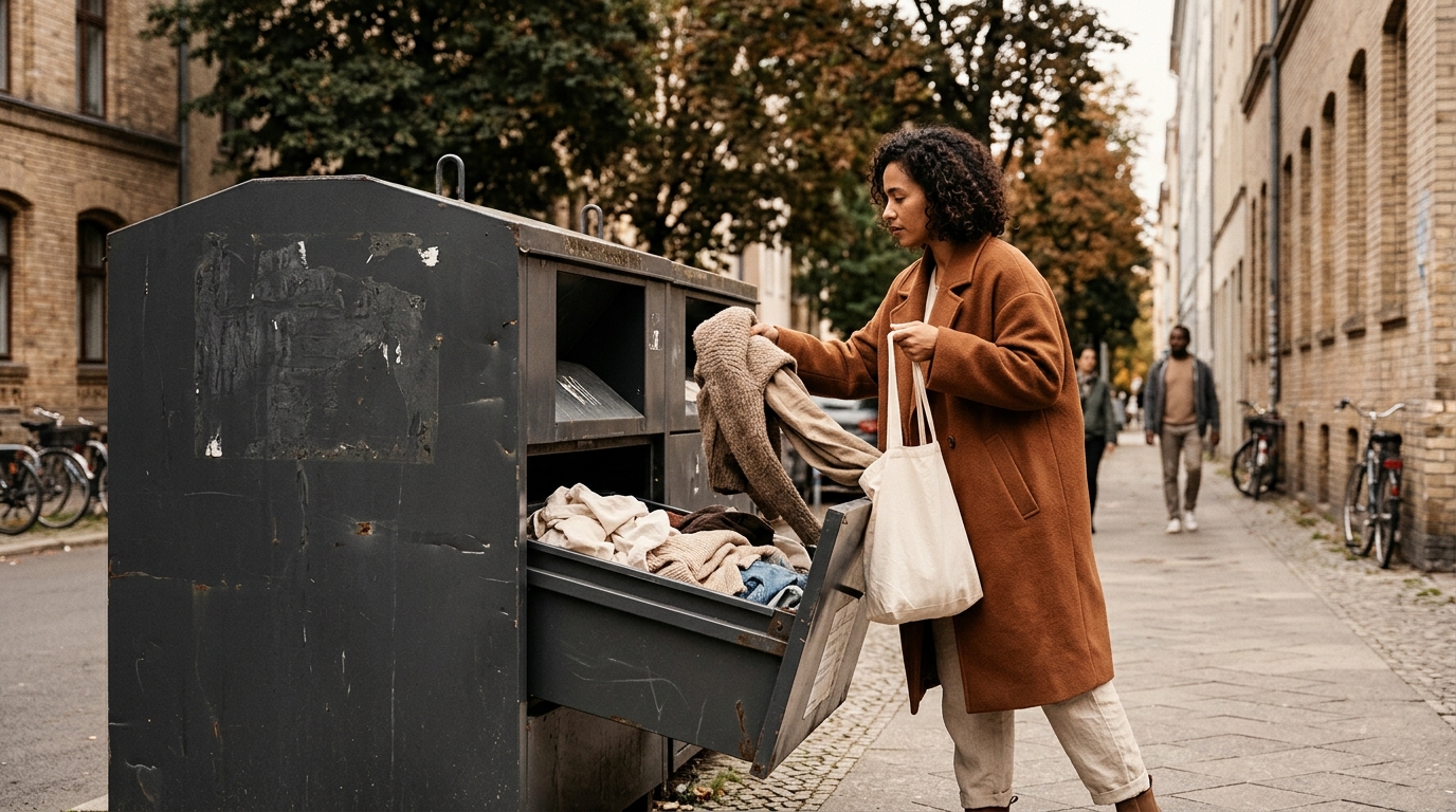 Eine Frau legt einen Mantel in die Klappe eines Altkleidercontainers an einer Straße in der Stadt.