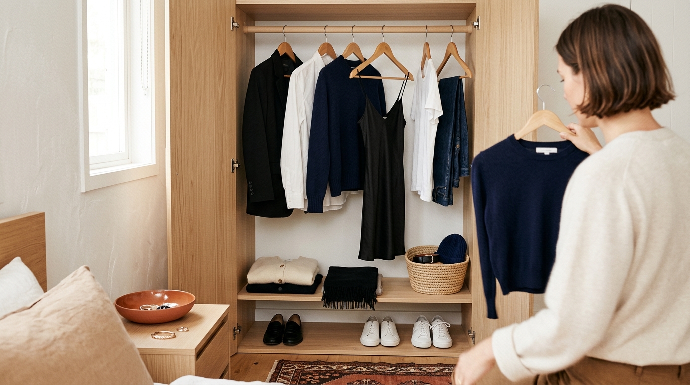 Übersichtlich sortierter Kleiderschrank mit wenigen, gut kombinierbaren Kleidungsstücken in neutralen Farben wie Schwarz, Weiß und Dunkelblau · KI-generiert