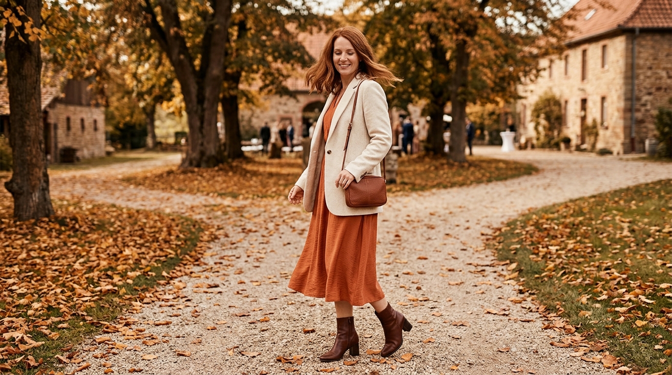 Hochzeitsgast in elegantem Midikleid mit Blazer und Schuhen mit Blockabsatz auf herbstlichem Festgelände mit Laub · KI-generiert