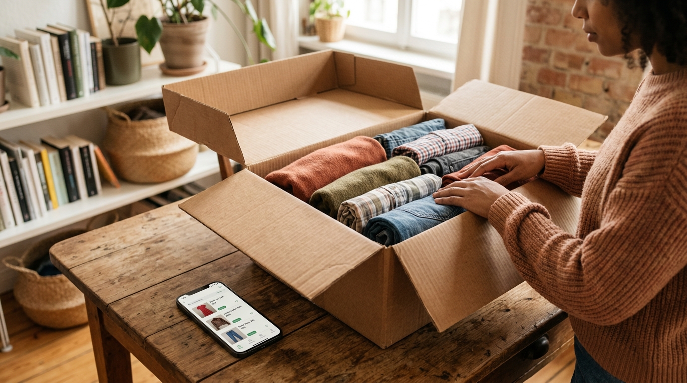 Eine geöffnete Kiste mit gefalteter Secondhand-Kleidung, daneben ein Smartphone mit einer geöffneten Verkaufs-App auf dem Bildschirm.