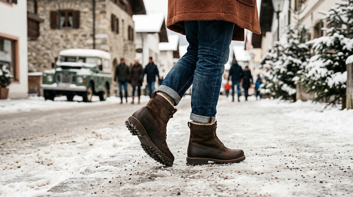 Gefütterte Winterstiefel mit tief profiliertem Sohlenprofil auf verschneitem, leicht vereistem Gehweg, Seitenansicht bei Tageslicht